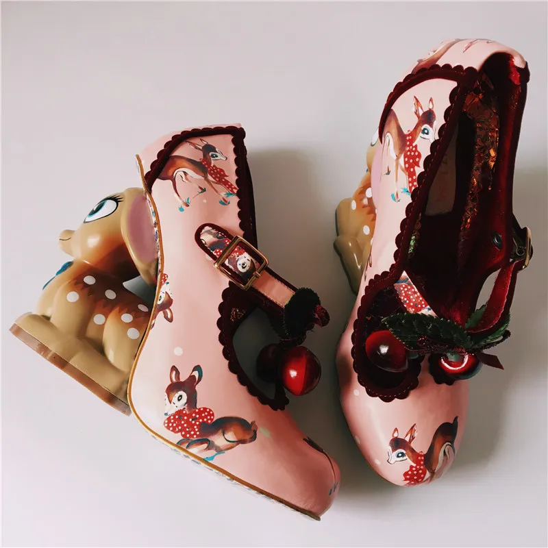 Женские гладиаторские сандалии на танкетке; туфли-лодочки; кожаные свадебные туфли на высоком толстом каблуке с милым олененком; модная женская обувь; sapato feminino zapatos mujer