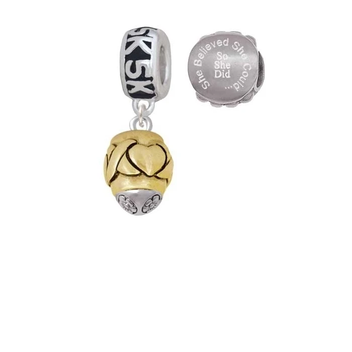 Goldtone X Heart Spacer Spinner 5K Run She Believed She Could Charm Beads (Set of 2)