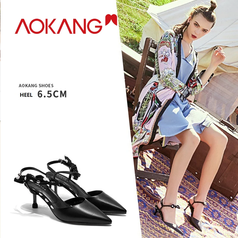

AOKANG 2019 Spring high heels women fashion sweet pointed pumps women genuine leather buckle strap shoes summer pumps