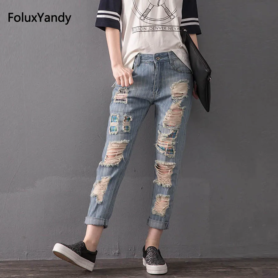 

Hole Ripped Jeans Women Plus Size Casual Loose Striped Denim Jeans Trousers Blue MYNZ15