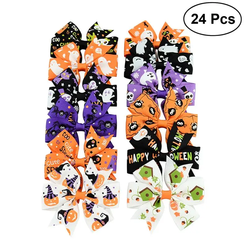 

24pcs Halloween Bowknot Hair Clip Holiday Ribbon Bow Alligatorfor Children Halloween Hair Accessories