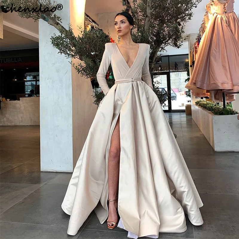 De Fiesta De noche para mujer, Vestido De Beige largo con en V, mangas largas De satén, línea A, abertura Sexy para ocasiones especiales - AliExpress Bodas y