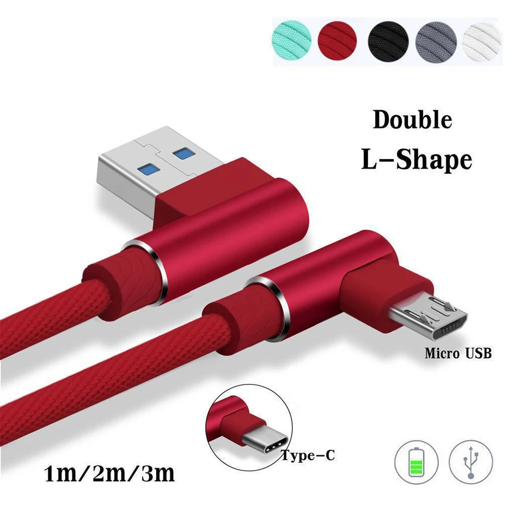 

L Shape 1/2/3m Micro USB Charging Cable Nylon Braided Micro-USB Type-C Cable fast Charging Cord for Samsung Xiaomi Android IOS
