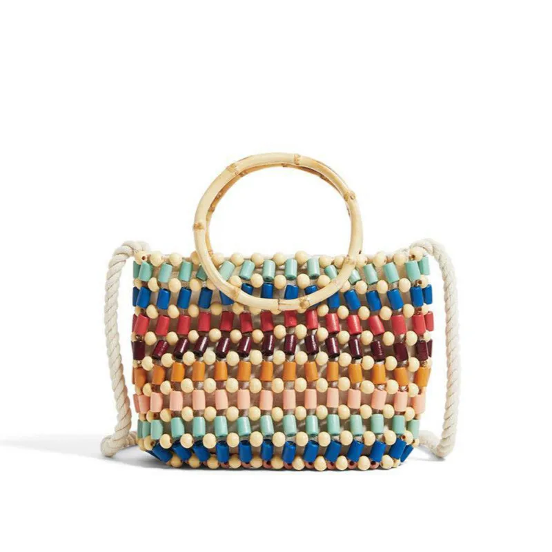 

2019 Summer New Straw Beach Stripe Handbag Bamboo Top Handle Tote Bag Beads Weave Color Shoulder Crossbody Bag Luxury Designer