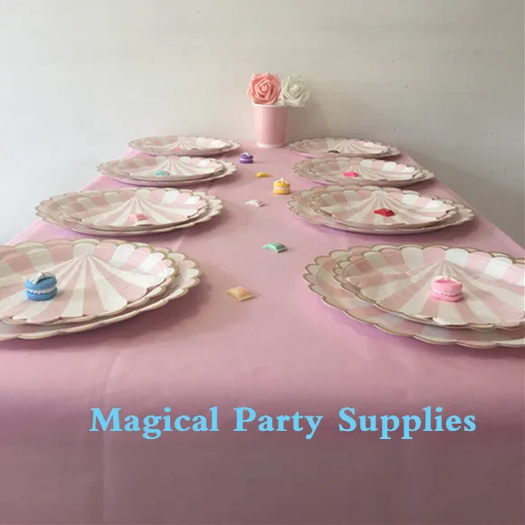 Modern Pink Stripe Gold Flower Tableware Set With Pink Table Cover