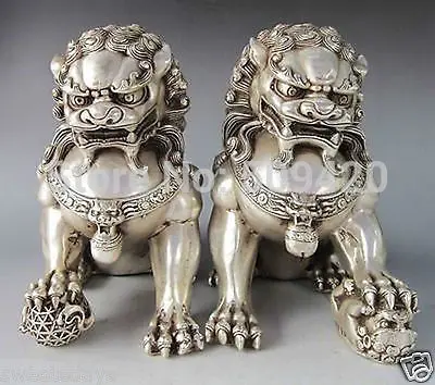 

Chinese Silver Bronze Fu Foo Dog Guardian lion Statue Pair