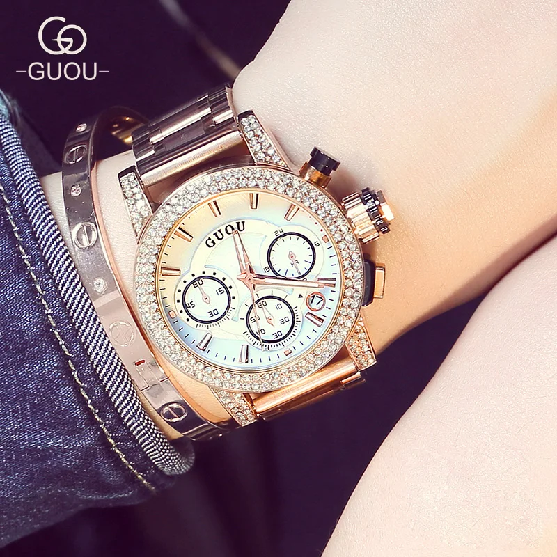 GUOU Luxury High Quality Brand Crystal Bling Rose Gold Steel Quartz Wrist Watch Wristwatches for Women Female 8808 GU003 цена GUOU Luxury High Quality Brand Crystal Bling Rose Gold Steel Quartz Wrist Watch Wristwatches for Women Female 8808 GU003 цены онлайн