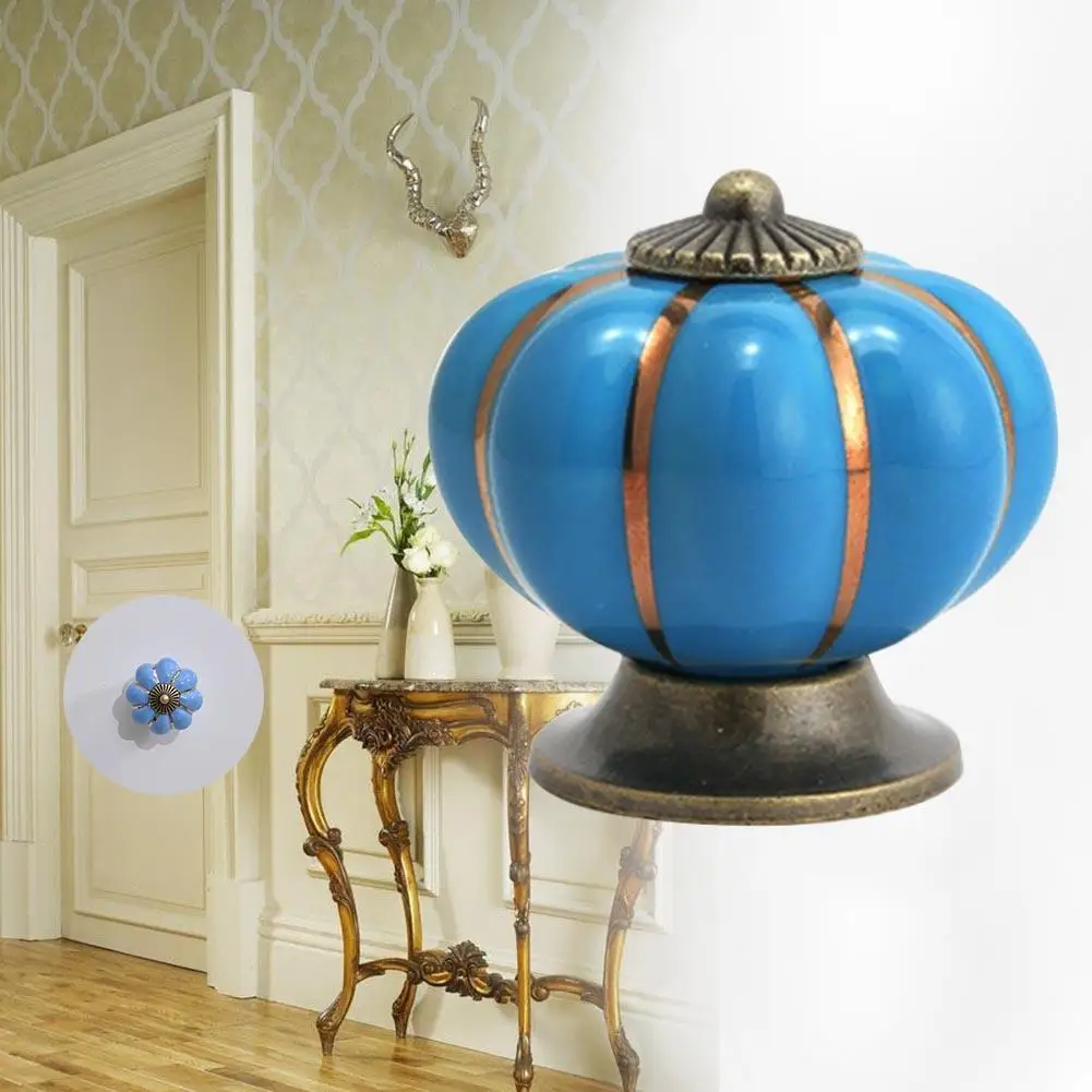 Blue 1x Vintage Pumpkin Door Knob Ceramic Door Knobs Drawer
