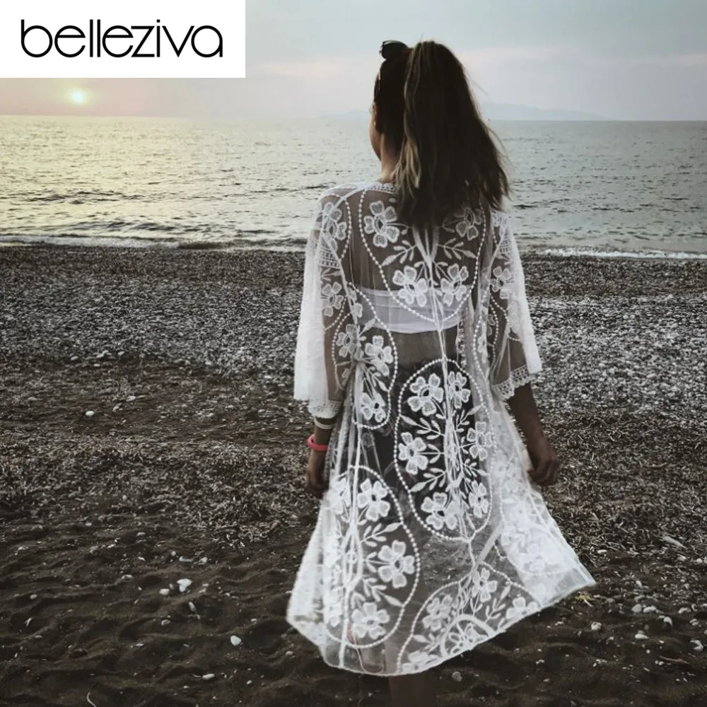 

Belleziva Embroidered Sheer Swimsuit Cover Up See-through Lace Cover Up Women De Plage Beach Cardigan Bathing Suit Cover Up