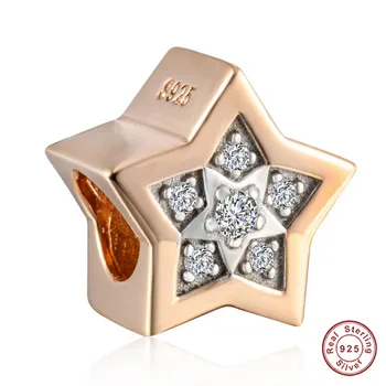 

Authentic New Rose Gold Pentagram Charm 925 Sterling Silver Bright Star Bead fit 3mm Bracelet for Women Fashion Jewelry