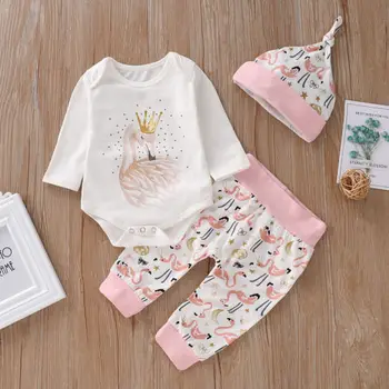 

2018 Autumn Infant Kids Baby Girl Cotton Cartoon Animal Print Long Sleeve Bodysuit Tops+Pants+Hats Outfits Casual Clothes Set