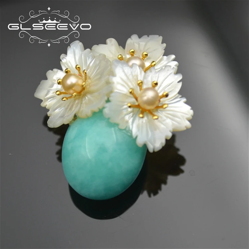 

GLSEEVO Natural Stone Amazonite Brooch Pin Mother Of Pearl Flower Brooches For Women Accessories Dual Use Luxury Jewelry GO0158