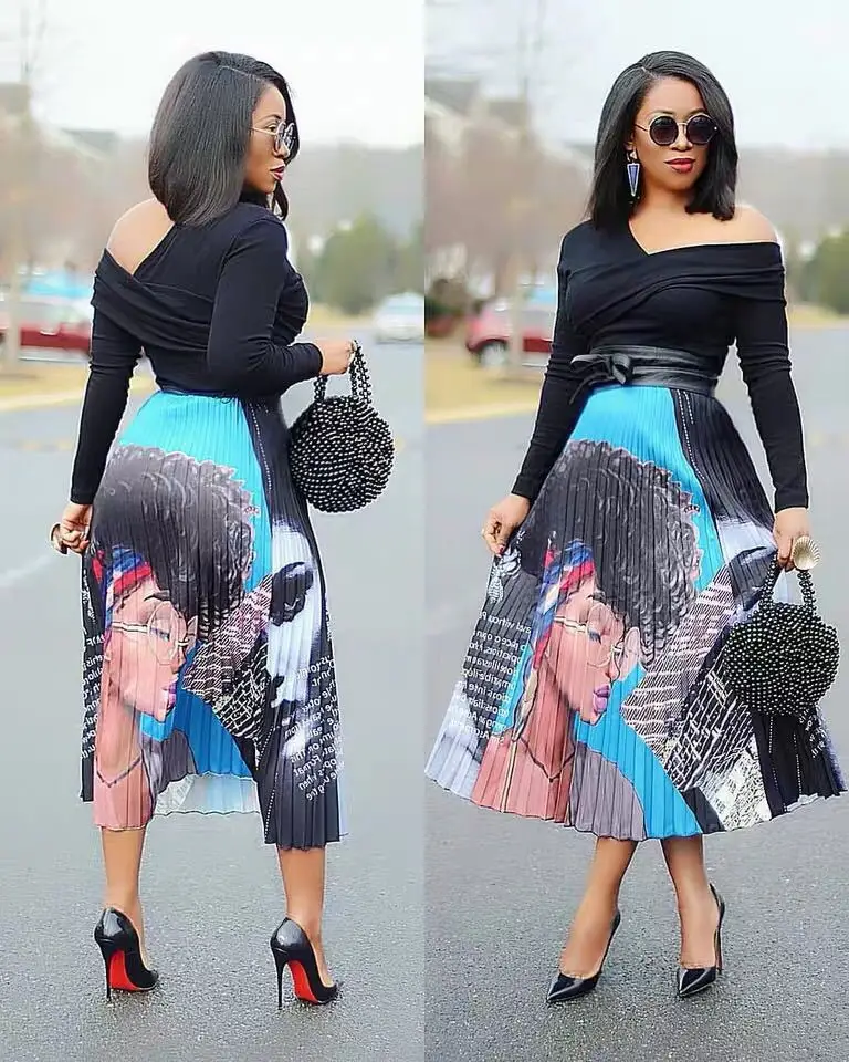 

2019 stylish digital print pleated skirt with elastic detailing