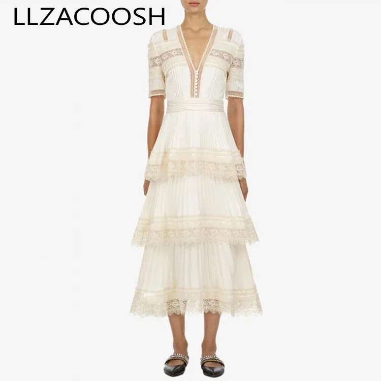 

Summer Self Portrait Runway Pleated Dress Women Chiffon Patchwork Lace Cascading Ruffles Long Dress Slim Cake Dresses