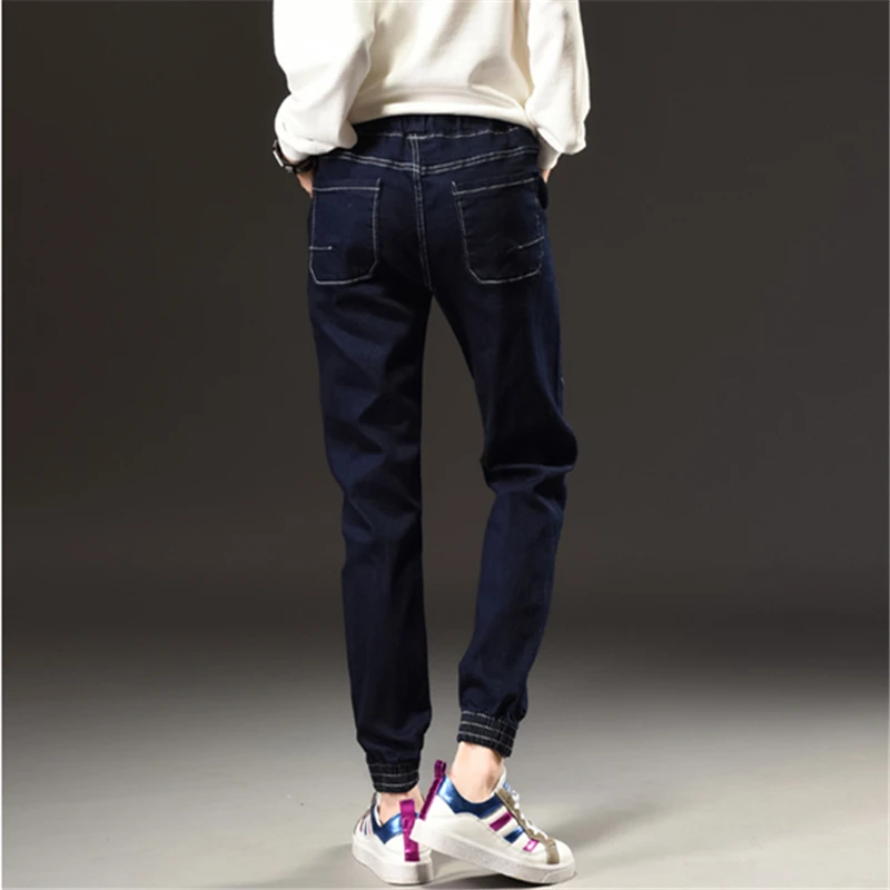 Winter Autumn New Fashion Simple Jeans Woman Elastic Waist Dark Blue Plus Size Jeans Female Pockets Leisure Casual Harem Pants