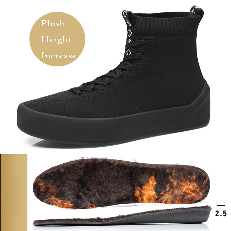 Plush Increase black Misalwa/мужские кроссовки с высоким берцем; сезон осень-зима; удобные уличные кроссовки зеленого цвета для мальчиков; повседневная обувь, увеличивающая рост на 2,5 см - Цвет: Plush Increase black