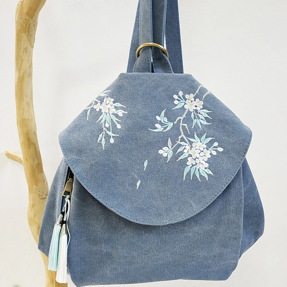 Винтажный женский тканевый рюкзак с вышивкой и кисточками, Дамский вышитый светильник сливы, цветная Повседневная дорожная школьная сумка, Mochila Mujer - Цвет: Синий