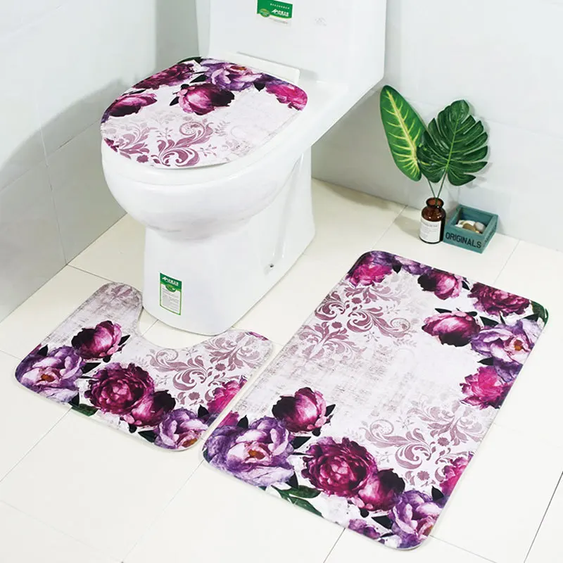 4PCS Christmas Bathroom Mat Rugs Set Toilet Cover Bath Cover WC Cushion Bathmats