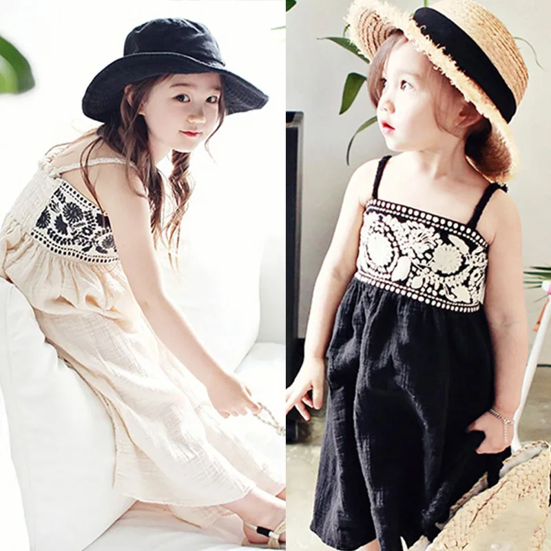 

cotton linen embroidered black beige dress girl kids sleeveless summer 2018 princess dress girl 10 14 8 9 years maxi long dress