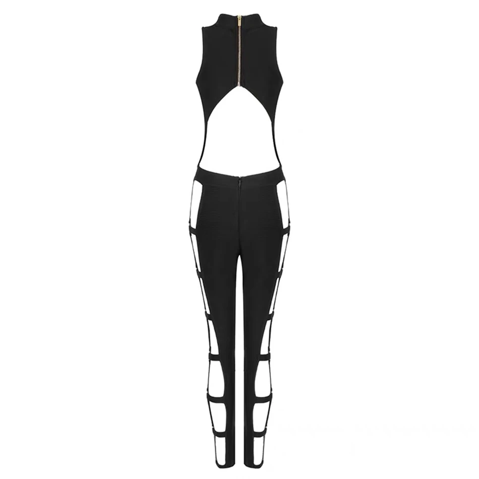 summer new women's jumpsuit black sleeveless hollow backless celebrity party trend bandage tights