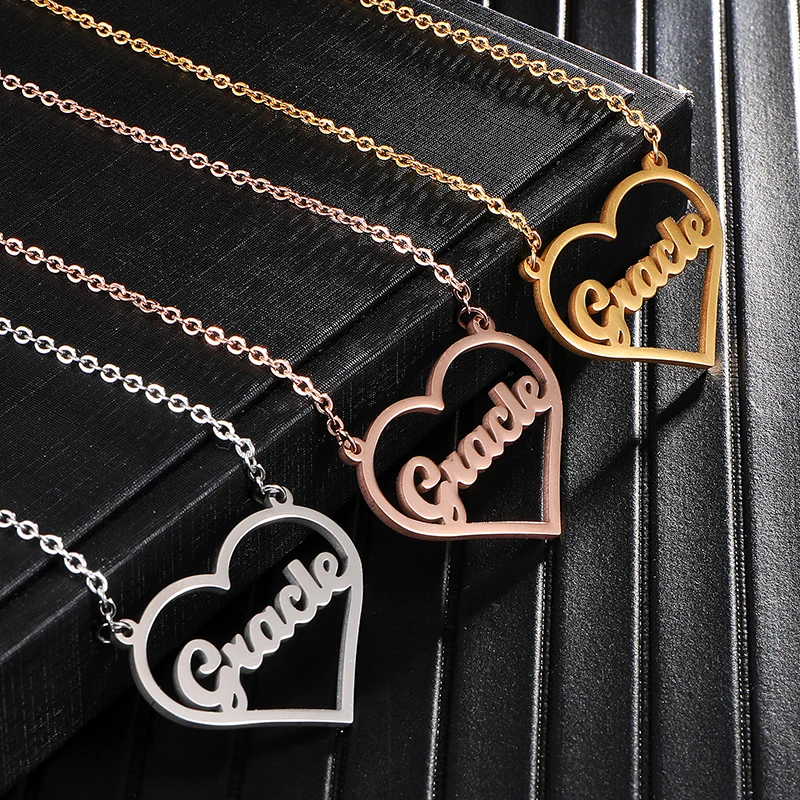 

Heart Name Necklace Personalized Fashion Jewelry Stainless Steel Nameplate Pendant Necklace Women Bijoux Bridesmaid Gifts