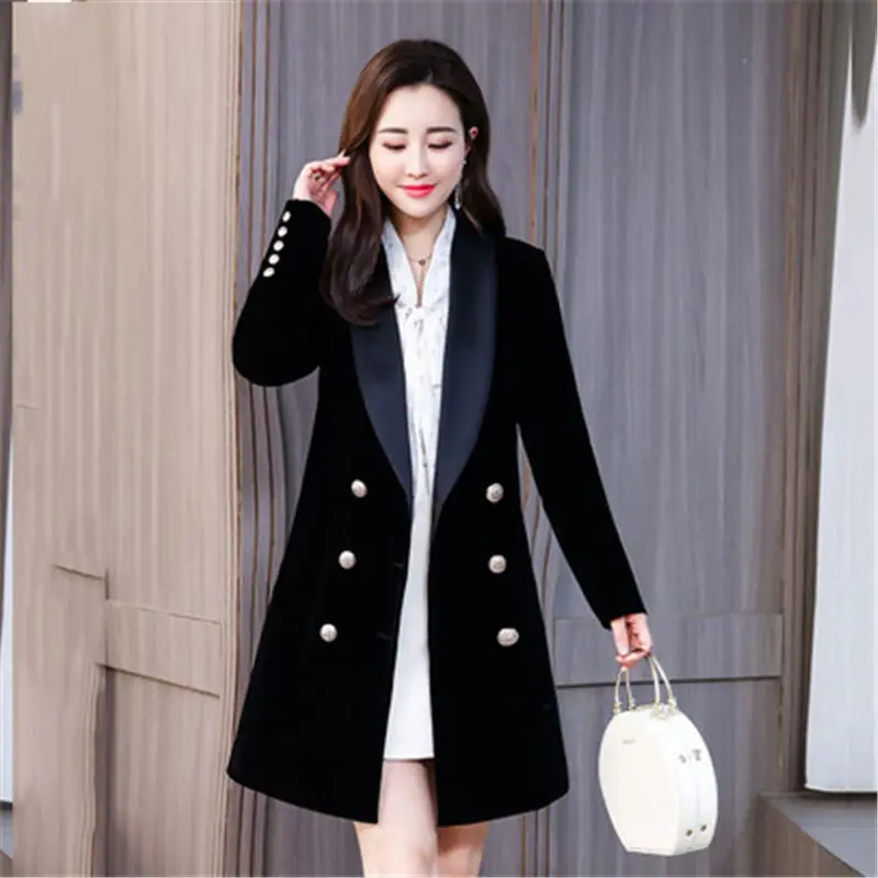 

fashion Gold velvet Double-breasted Suit Lady Slim Windbreaker Coat Women's Korean 2019 new Spring Autumn Long Blazer Jacket