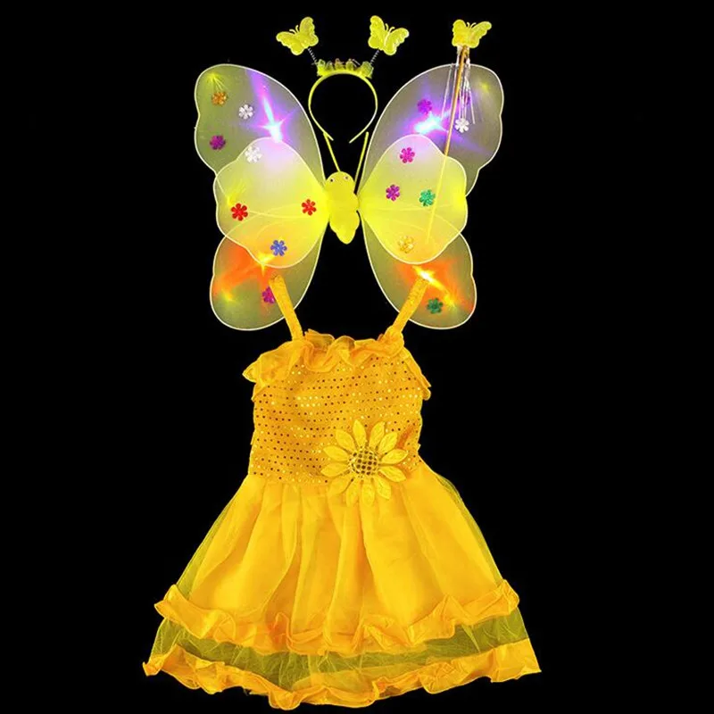 Модный детский костюм принцессы с бабочкой; повязка на голову с крыльями; волшебная палочка; платье; комплект из 4 предметов; реквизит для фотосессии; вечерние принадлежности для Хэллоуина - Цвет: Yellow