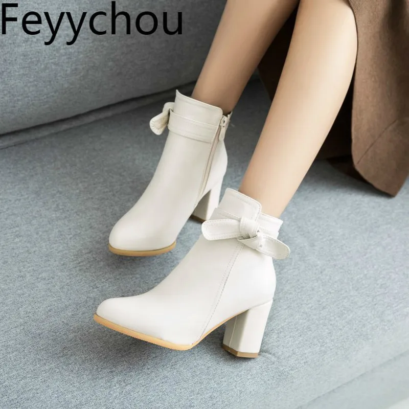 

Women Boots Autumn Winter High Heel Warm Pu Round Toe Zip Ankle Chelsea Butterfly-knot 2018 New Sexy Fashion Casual Beige Black