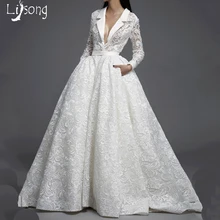 Специальный дизайн кружева с длинными рукавами шикарные свадебные бальные платья на заказ венецианское кружевное Пышное иллюзионное съемное свадебное платье 2 шт