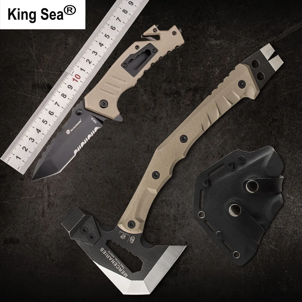 Baratos Rey mar al aire libre táctico hacha y plegable cuchillo Camping y la caza cuchillo multifuncional hacha y de bolsillo del cuchillo