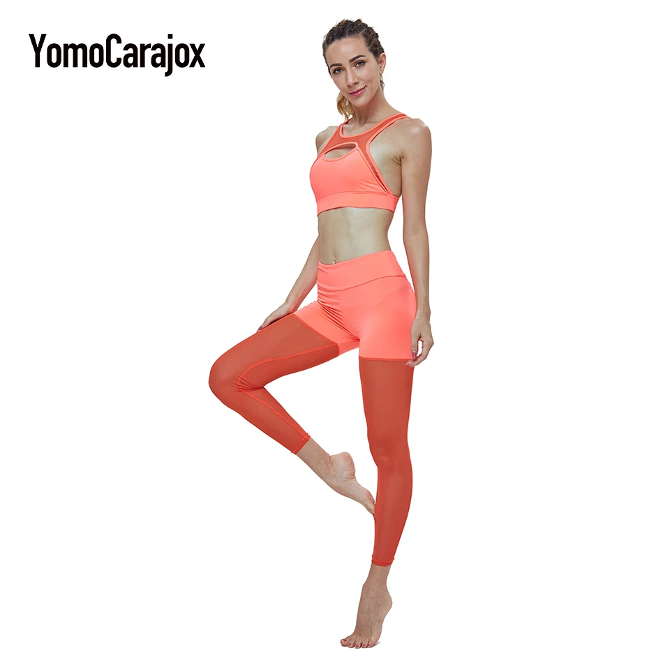 

Women Sport Suit Fitness Clothing For Women Two-Piece Suit Yuga Set Workout Tops+Pants Sexy Mesh Stitching Leggings Sportswear