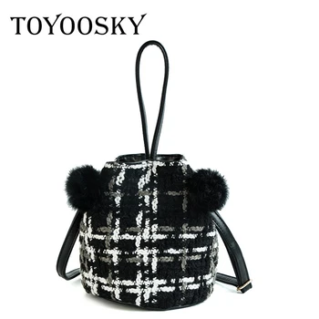 

TOYOOSKY Brand Wool Bucket Crossbody Bag For Women Knitting Messenger Bag Casual Tote Designer Handbags with Pompom High Quality