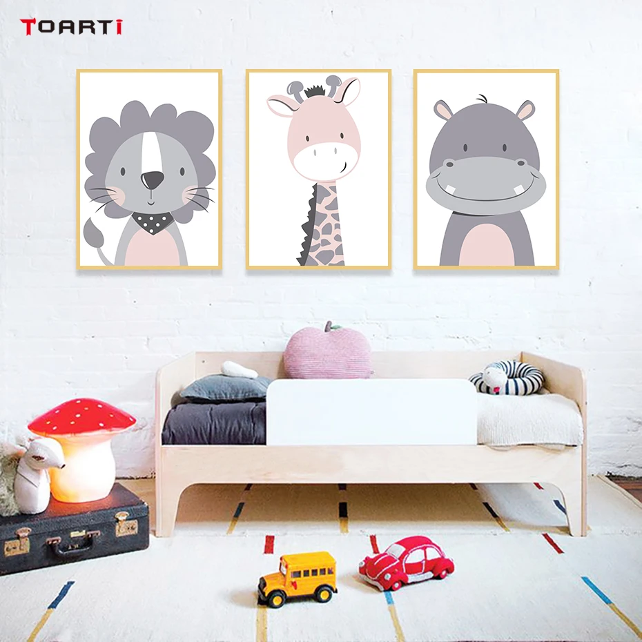 

Cartoon animals lion giraffe pink poster canvas art prints nordic baby nursery bedroom decor wall picture home art murals chart