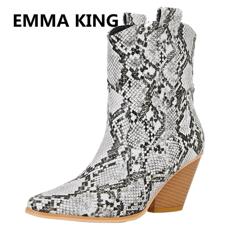 

2019 Fashion Snake Prints Women Ankle Boots Pointed Toe Leather Slip On Wedges Shoes Woman Sexy High Heels Ladies Martin Boots