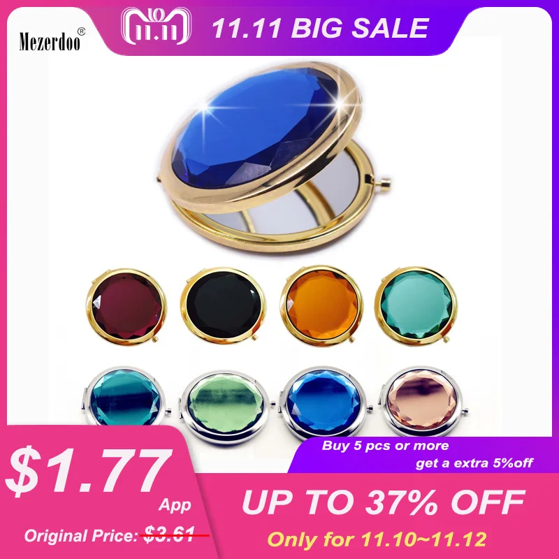1Pc Luxury Crystal Makeup Mirror Portable Round Folded Compact Mirrors Gold Silver Pocket Mirror Making Up for Personalized Gift