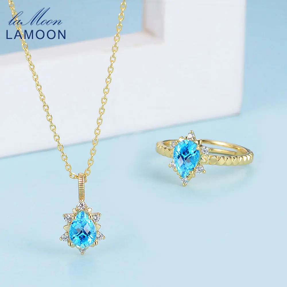 

LAMOON 925 Sterling Silver Jewelry Sets Women's Fine Jewelry Mosaic 1ct Teardrop Apatite Rings Engageme Pendant Long Necklace