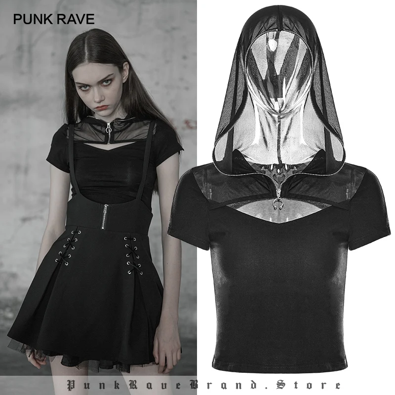 

PUNK RAVE New Gothic Women Elastic Sexy Short Tight Knit Black T-shirt Punk Personality Wizard Hat Hollow Out Open Fork Design