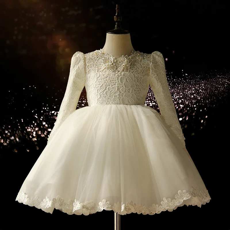 

New Lace Mesh Full Sleeve O-neck Princess Dress Flower Girls Dresses For Wedding Birthday Party Performance Girls Ball Gown