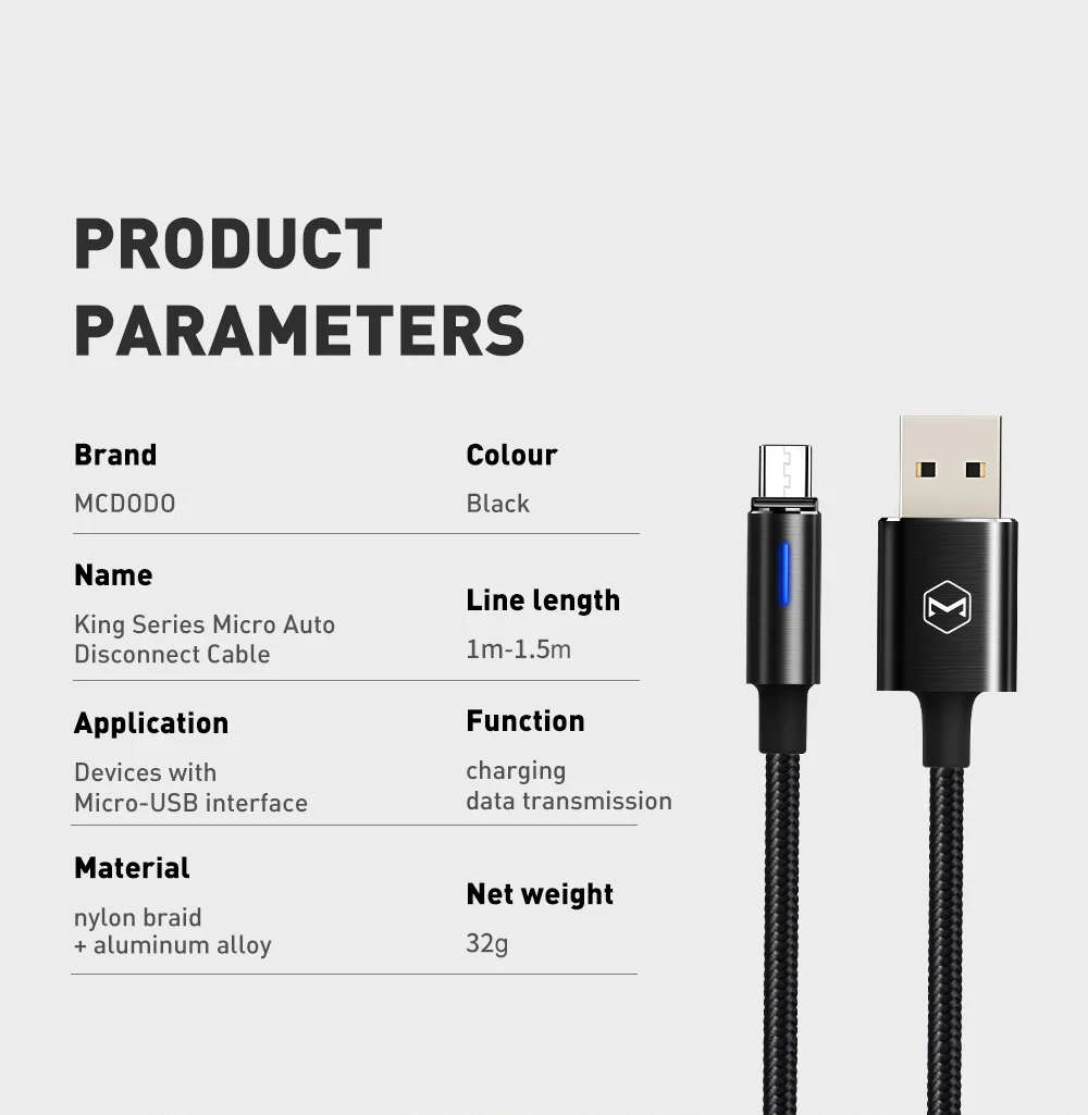 Mcdodo Micro USB 2A кабель для samsung Xiaomi huawei QC3.0 Быстрая зарядка автоматическое отключение USB кабель для передачи данных светодиодный кабель для устройств Android