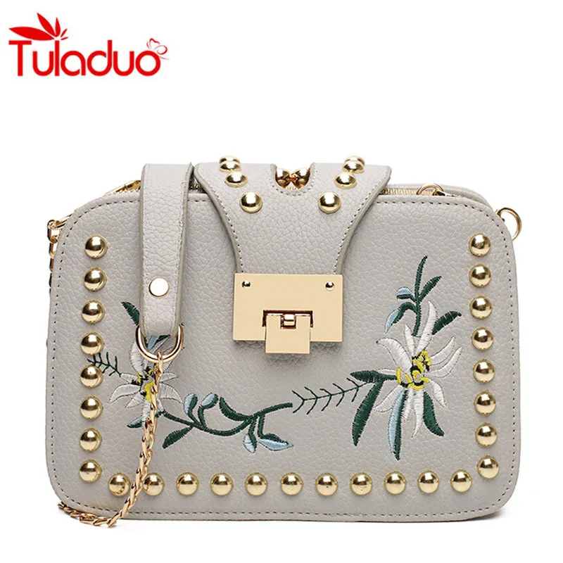 Women Crossbody Bag 2017 Fashion Embroidery Rivet Sequined Chains