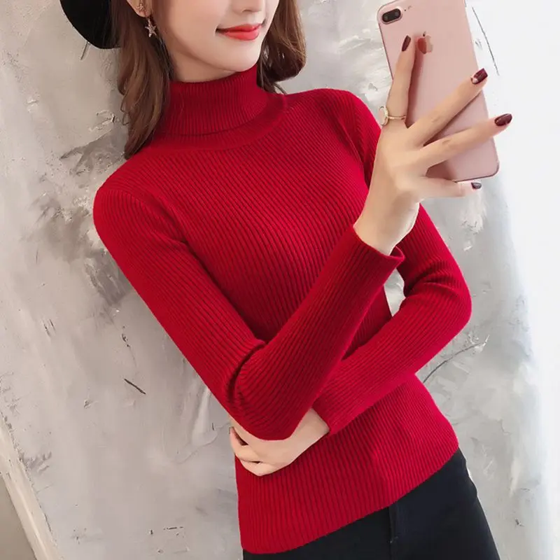 Turtleneck Warm Women Sweater Autumn Casual Korean Winter Knitted Femme Pull High Elastic Female Basic Pullovers Sweater - Цвет: Красный