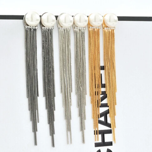 

New Simple Style Long Chain Tassel Pearl Earrings Women Jewelry Gift Items Gold Silver Black Plated Dangle Drop Earrings