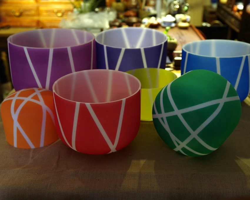 

4Pcs Set of Note 8"10"12"14"Color stripe Chakra Frosted Quartz Crystal Singing Bowl