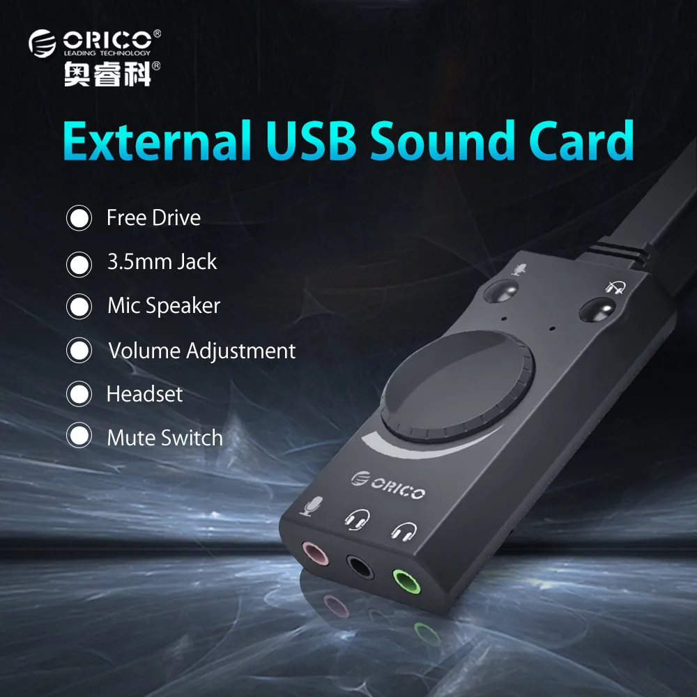 ORICO External USB Sound Card Stereo Mic Speaker Headset Audio Jack 3.5mm Cable Adapter Mute Switch Volume Adjustment Free Drive