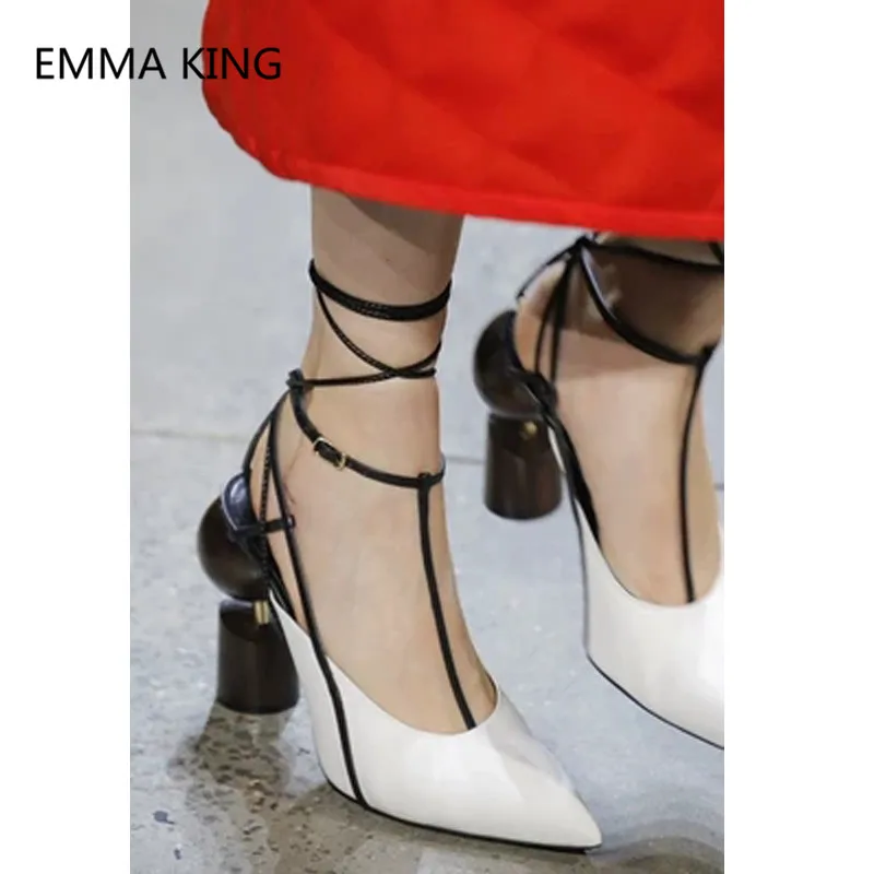 

2018 Hot New High Heel Shoes Ball Screw Asymmetric Building Block Heel Gladiator Sandals Women Lace Up Slingback Pumps Shoes