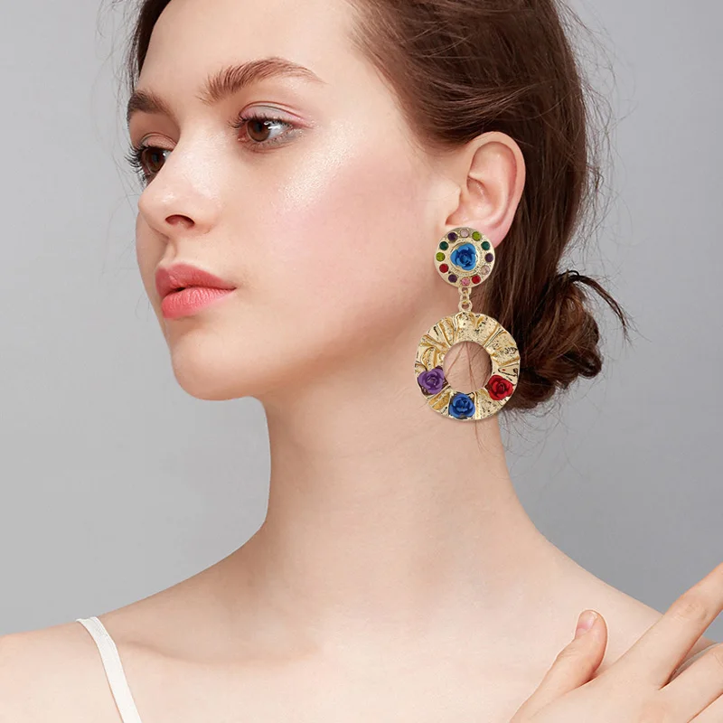 Women Bohemian Round Flower Earrings Vintage Stud Elegant Fashionable