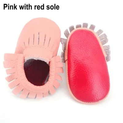 Мокасины для самых маленьких из натуральной кожи; мягкая детская обувь для мальчиков; обувь для первых шагов; нескользящая обувь для маленьких девочек - Цвет: pink red sole