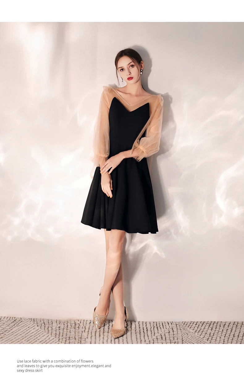 Черное коктейльное мини-платье с v-образным вырезом, длинным рукавом, молнией сзади, длиной выше колена, Короткие вечерние платья, элегантное вечернее платье LF386