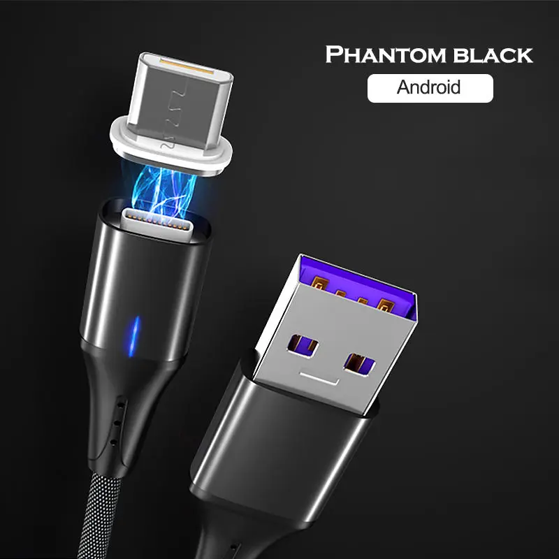 5A светодиодный магнитный USB супер быстрый зарядный кабель type-C Micro USB кабель для iPhone huawei P9 P10 P20 samsung смартфон шнур для передачи данных - Цвет: Black For Micro