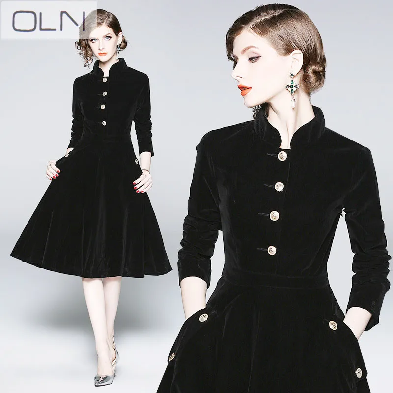 

2019 spring new collar velvet waist slimming sexy Hong Kong style retro big dress for women w